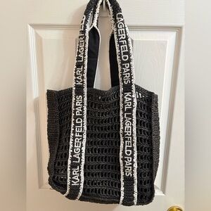 Karl Lagerfeld Black Crochet Tote with White Logo Straps